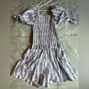 Girls Blue & White Smocked Ruffle Shirt and Short Set